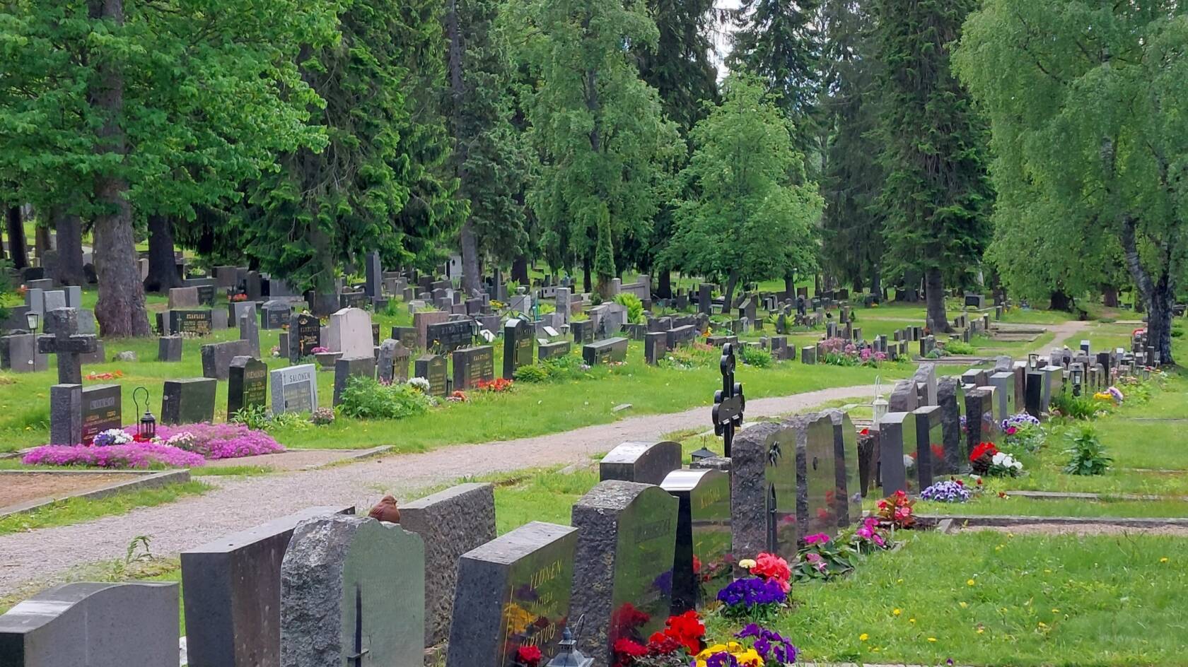 Hautakiviä ja puustoa Heinolan hautausmaalla kesällä.