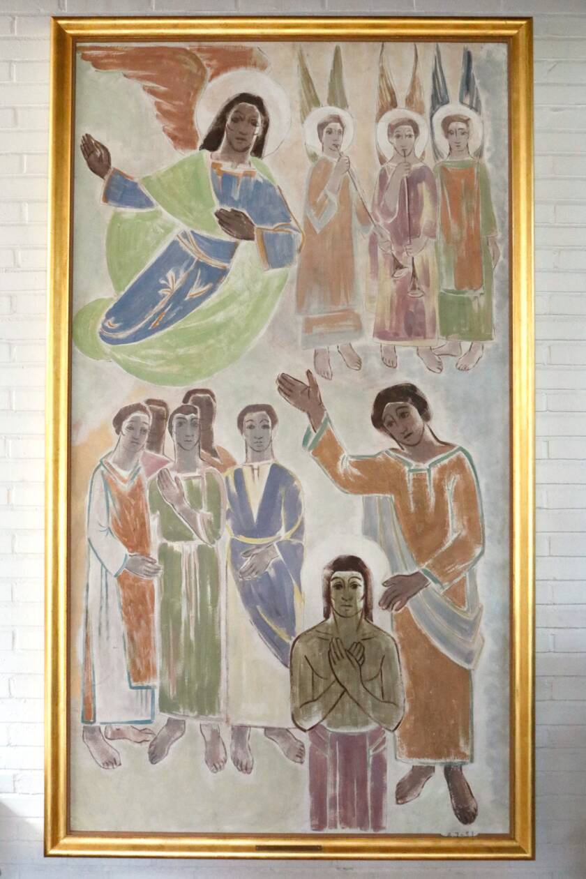 Anja Juurikkalan maalauksessa on kuvattu Johannes Kastaja, Jeesus, ihmisiä ja enkeleitä.