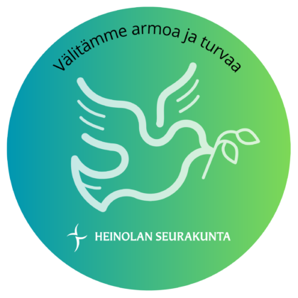 Vihreällä pohjalla valkoinen piirroskuva kyyhkysestä ja teksti Välitämme armoa ja turvaa. Alla Heinolan seurakunnan logo.