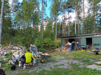 Metsämaisemaa ja neljä henkilöä pilkkomassa ja kasaamassa polttopuita.