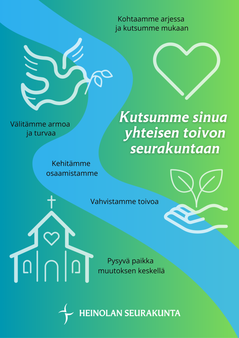 Vihreällä pohjalla valkoisia symboleita: kyyhkynen, sydän, käsi joka pitelee kasvia ja kirkkorakennus. Keskellä sininen alue kuvaa virtaavaa jokea. Tekstit Kutsumme sinua yhteisen toivon seurakuntaan, kohtaamme arjessa ja kutsumme mukaan, välitämme armoa ja turvaa, kehitämme osaamistamme, vahvistamme toivoa, pysyvä paikka muutoksen keskellä.