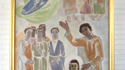 Taulu Johannes Kastaja ja Jeesus Anja Juurikkalan teos v. 1951 Kirkonkylän srk-talossa