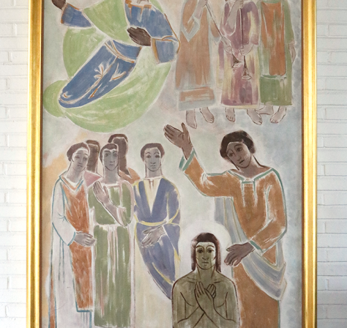 Taulu Johannes Kastaja ja Jeesus Anja Juurikkalan teos v. 1951 Kirkonkylän srk-talossa