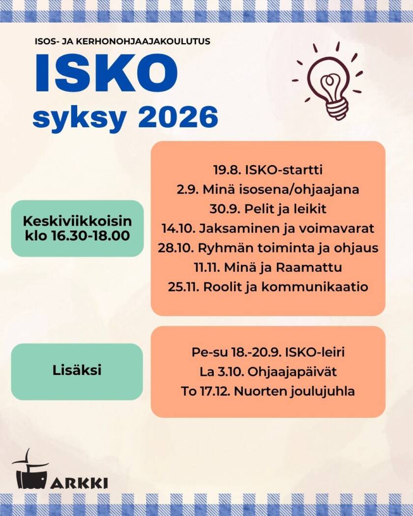 Isos- ja kerhonohjaajakoulutuksen syyskauden aikataulu.